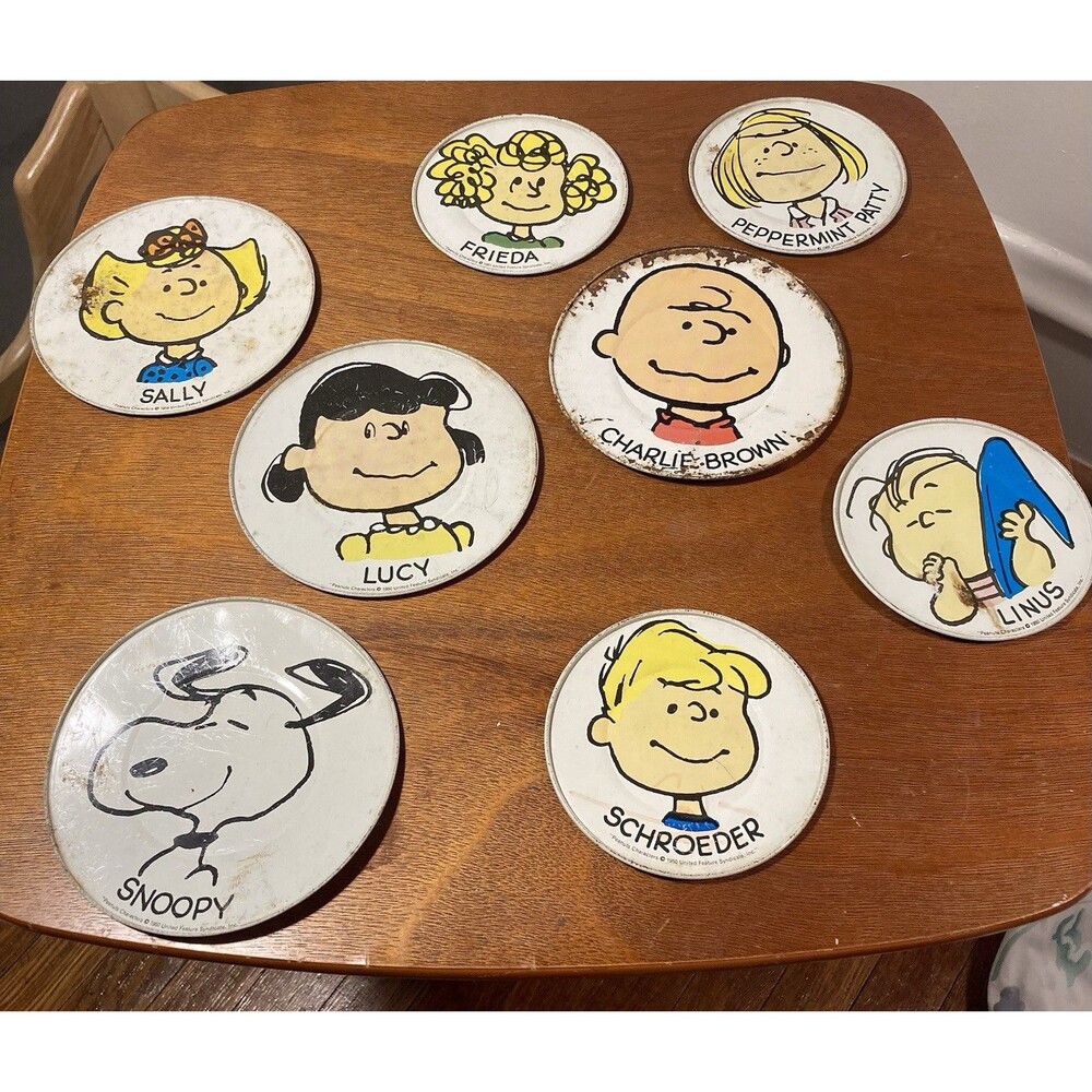 Vintage Sally Freida Tin Plate Peanuts Snoopy 1950- 1966 Plates Linus Snoopy Etc